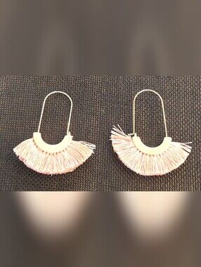Gold Tone Arch Hoop Blush Pink Fan Tassel Drop Earrings